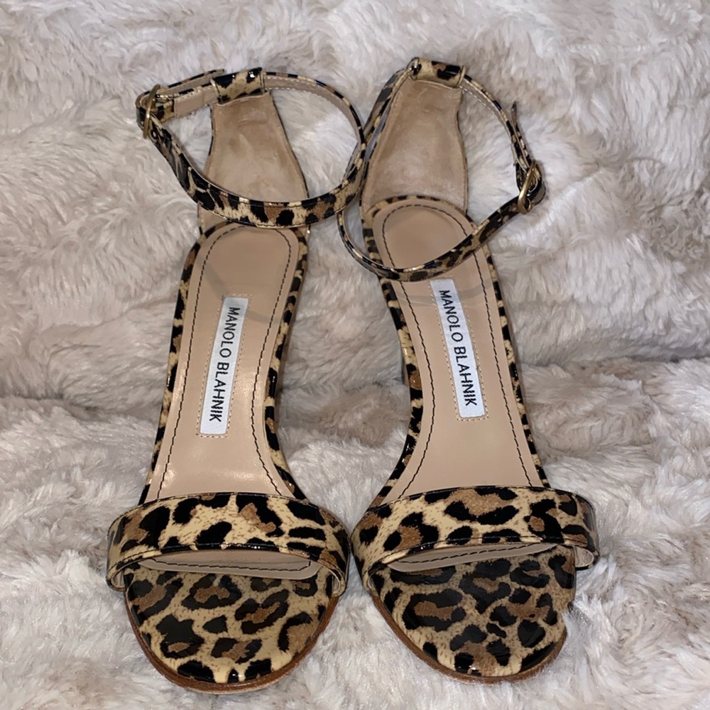 Manolo Blahnik Chaos Leopard Patent Sandals